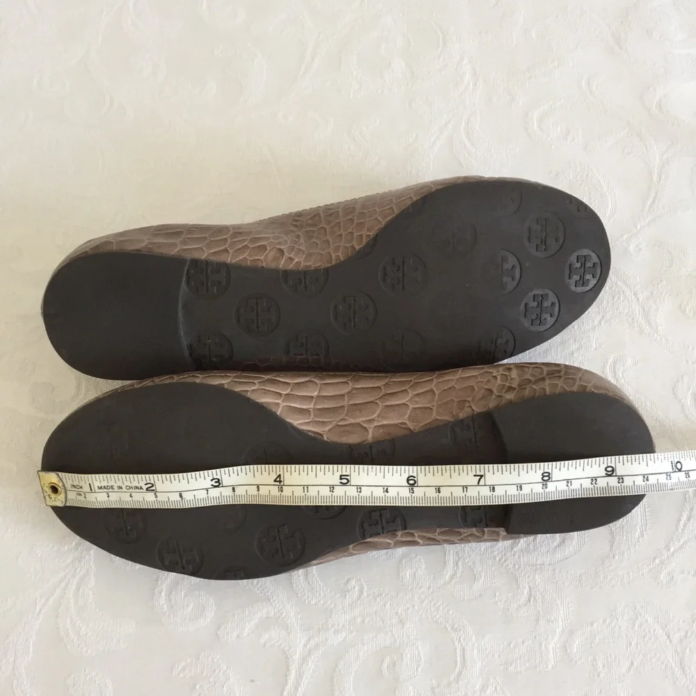 Tory Burch brown croc embossed leather logo flats